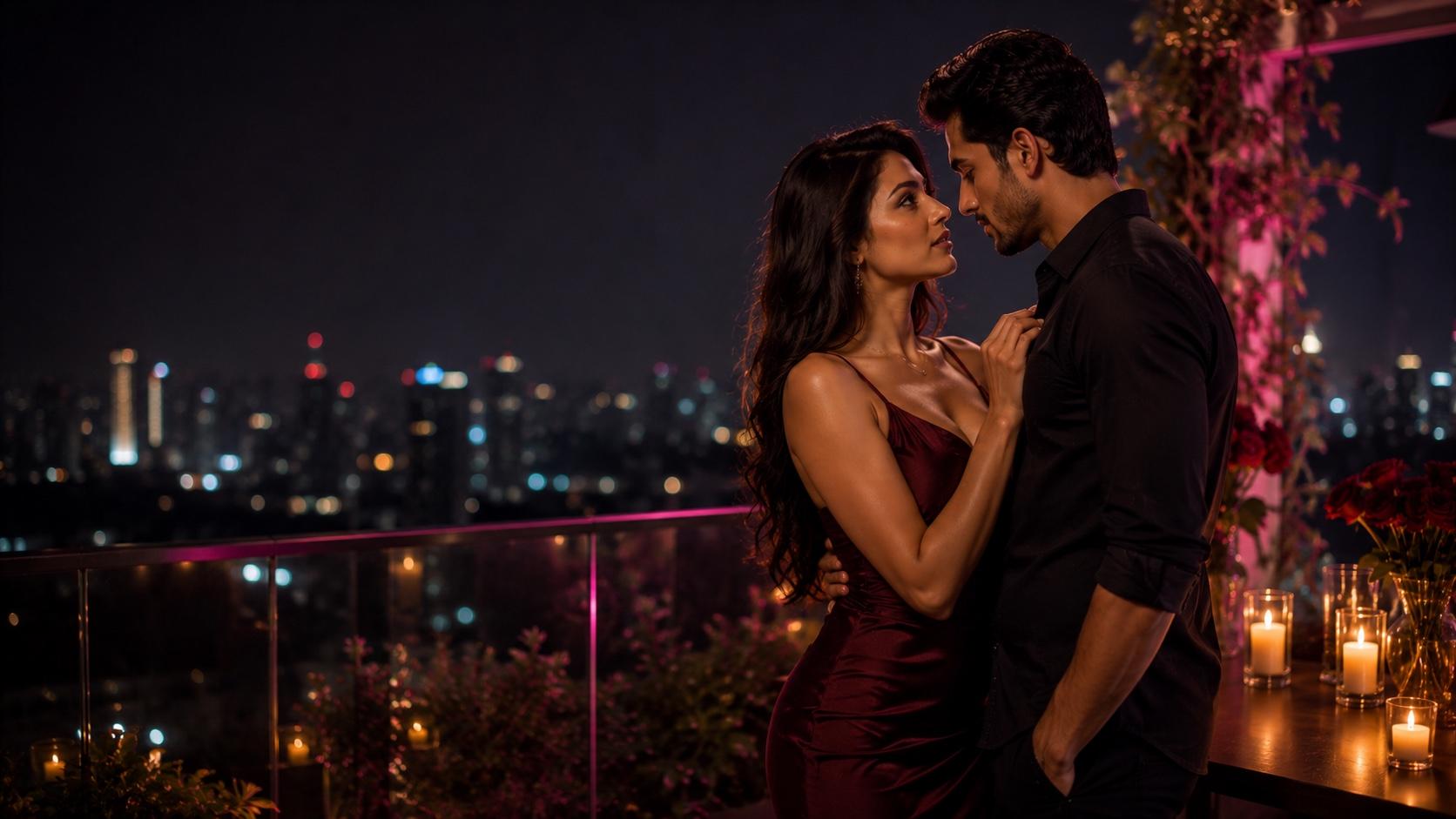 An adult couple sharing a romantic rooftop moment